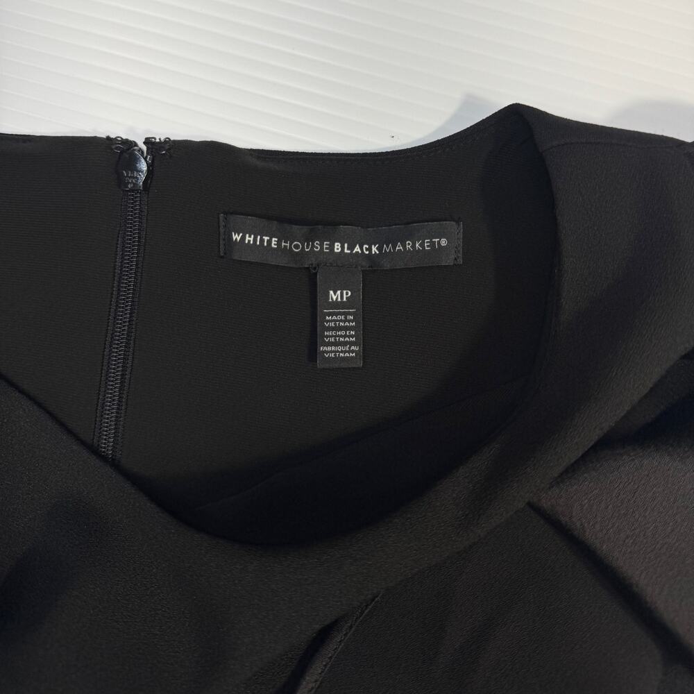 White House Black Market Black Ruffle Sheath Dress Medium Petite MP Cocktail LBD - Picture 5 of 16